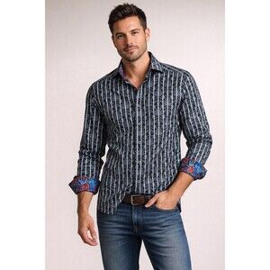 Robert Graham Men's MEDIUM Flip Cuff Classic Fit Long Sleeve Button Black White